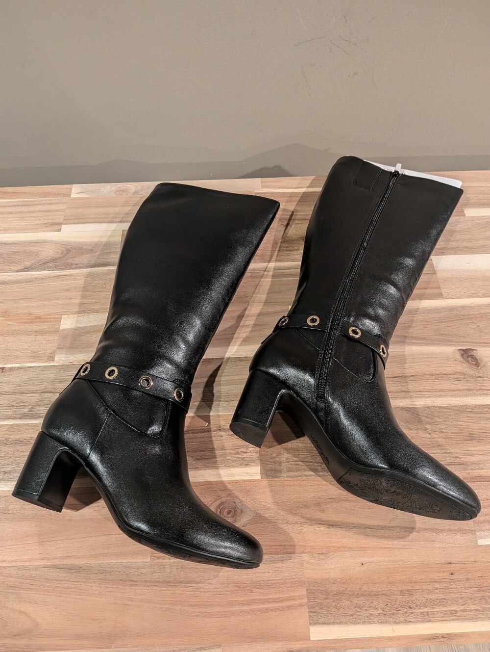 LifeStride Tansy Womens Knee High Boots Black Grommet Block Heel Sz 8.5 W NWOT
